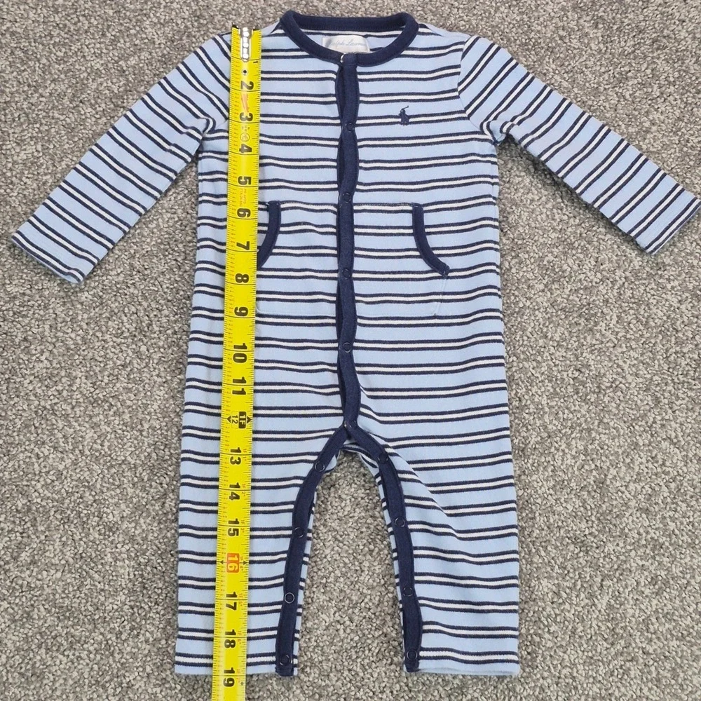 Ralph Lauren Coverall Baby Boy 6M Blue Striped Long Sleeve Snap Romper